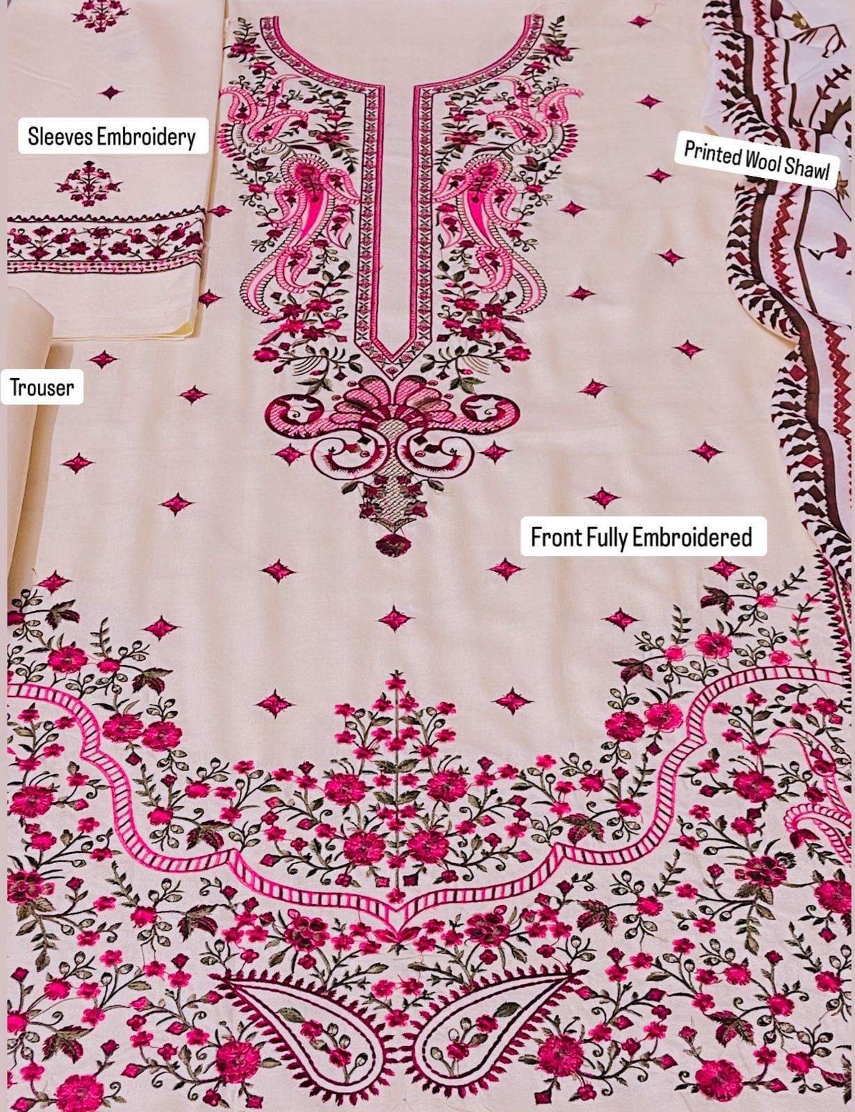 Dhanak 3pc full havy embroidery with pashmina wool shawl